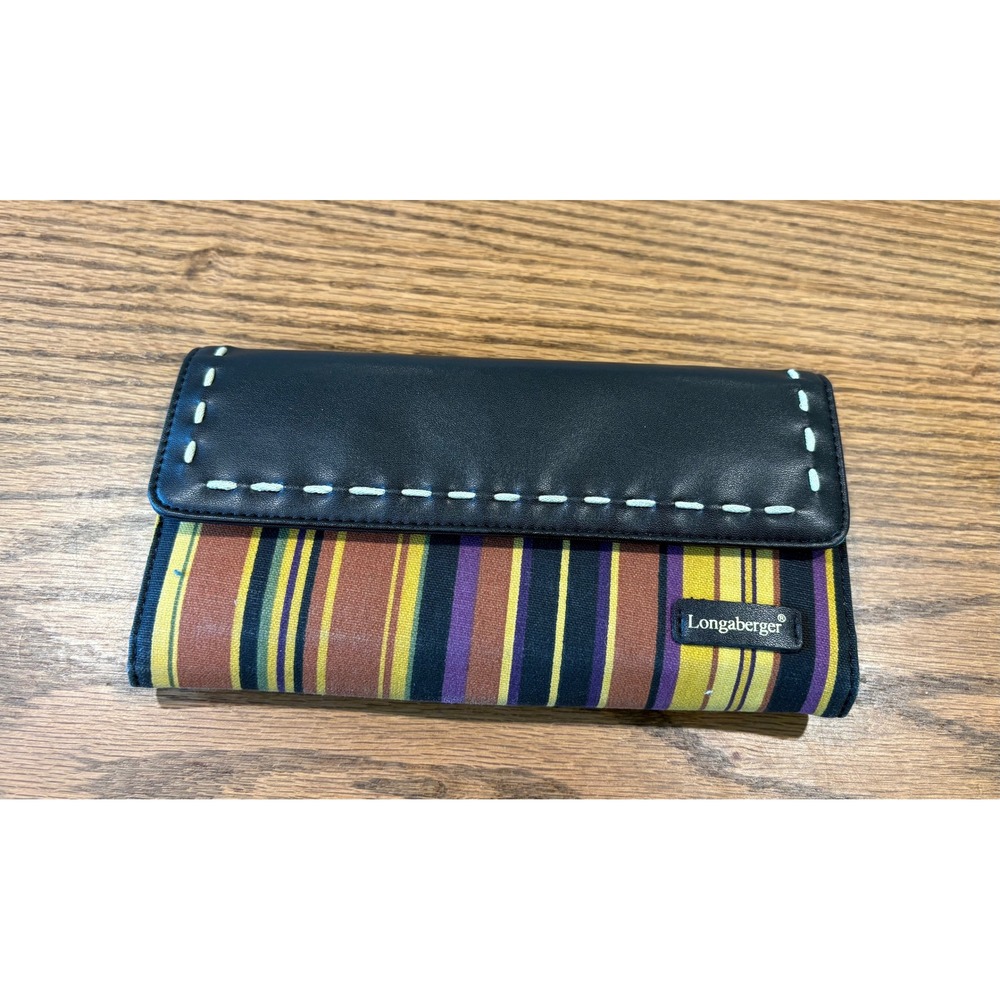 Longaberger Striped Canvas Black Faux Leather Checkbook Clutch Wallet Multi